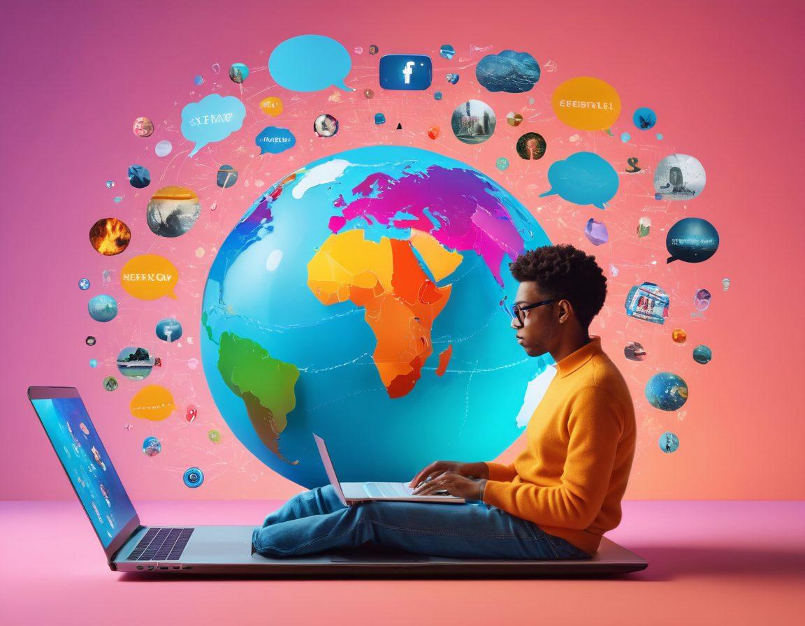 A vibrant digital collage illustrating the evolution of storytelling, featuring a person typing on a laptop surrounded by floating speech bubbles representing diverse global voices. Include elements like a globe, various cultural symbols, and digital devices showcasing blog posts and social media. The background should blend warm and cool colors to represent connection and dialogue. super-realistic. vibrant colors. 3D.
