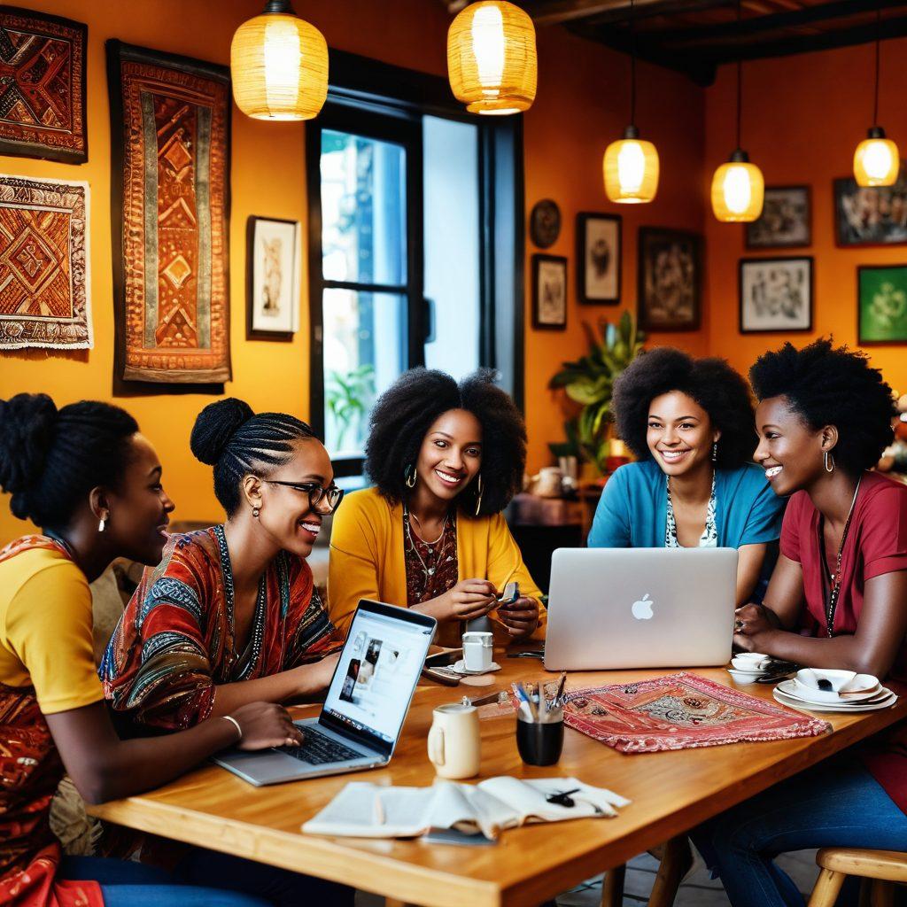 A diverse group of bloggers sitting together in a cozy café, sharing ideas and collaborating on their laptops. Surround them with cultural artifacts from various countries, like traditional textiles and artworks, to represent cultural exchange. Showcase a warm and inviting atmosphere with rich colors and soft lighting, emphasizing community spirit. Illustrate lively interactions and expressions of joy among the bloggers. super-realistic. vibrant colors. warm tones.
