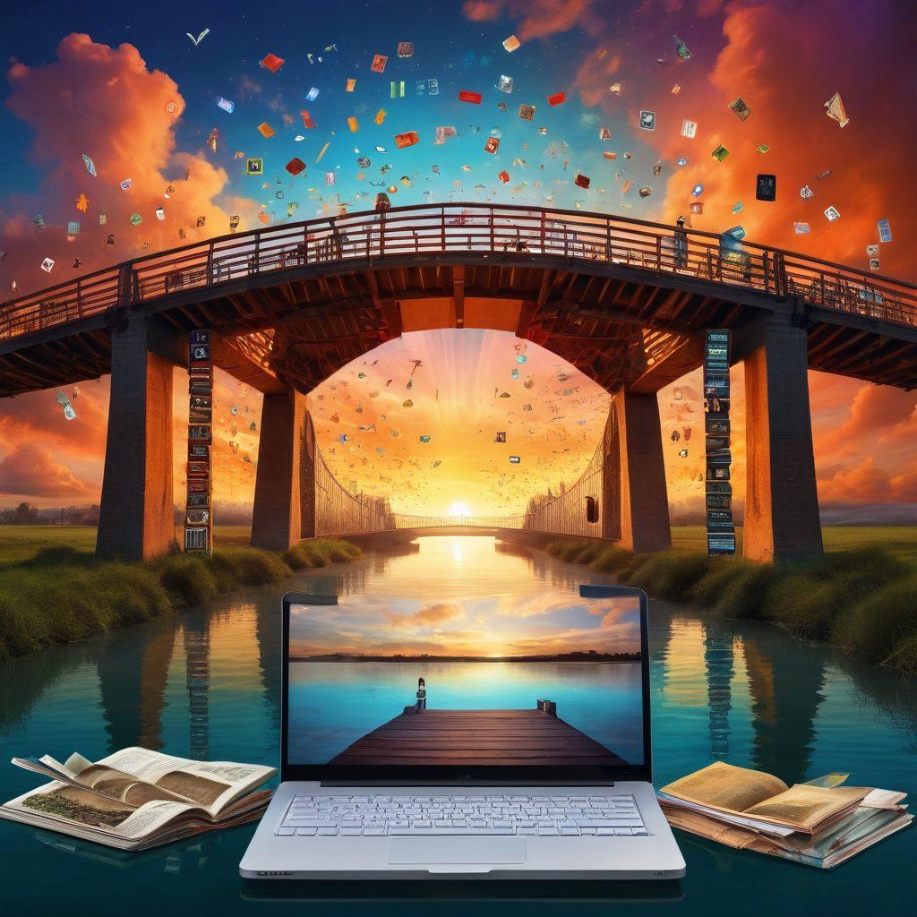 A captivating digital collage depicting a bridge made of words and symbols, connecting two vibrant lands representing diverse cultures. On one side, colorful storytelling elements like books and movie reels, and on the other, digital devices like laptops and smartphones. Above, a sky painted with cultural icons from around the world, radiating warmth and connection. super-realistic. vibrant colors. dynamic composition.